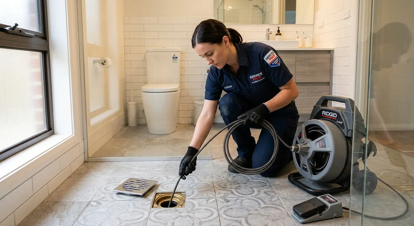 Technician clearing a bathroom floor drain for Sewer Line Replacement in Glendale